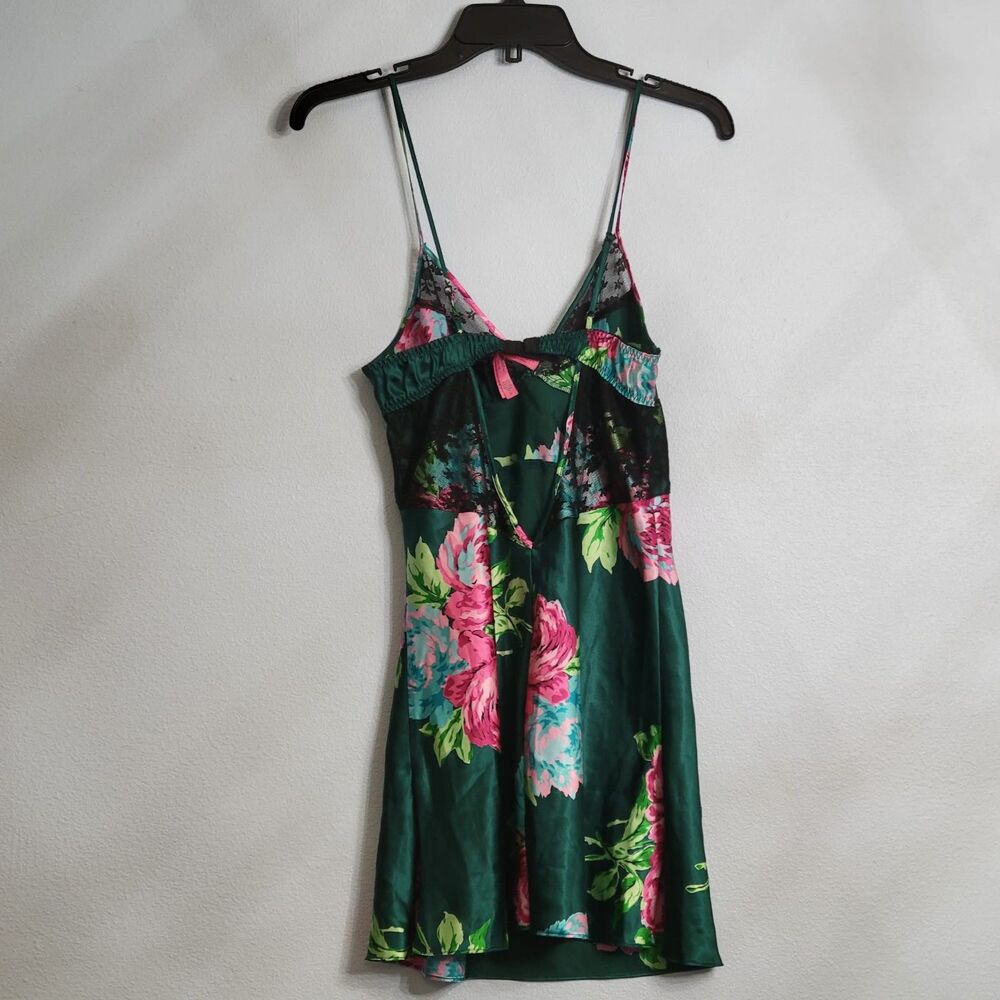 VTG Betsey Johnson 90s Y2K Floral Lace Satin Slip Dress Emerald Green Rose SM - Picture 2 of 9